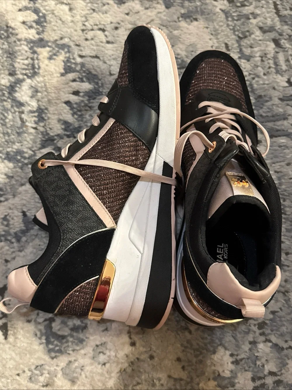 Michael Kors Wedge Sneakers rose gold pink glitter black logo 11 rare!